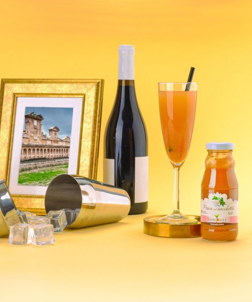 Una composizione solare con shaker per cocktail, una bottiglia di prosecco e succo di pesca per creare il famoso drink Bellini.